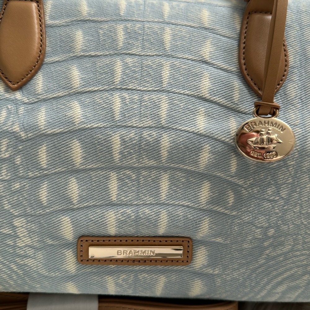 Brahmin Stacy Satchel Bag Croc Embossed Light Denim Quinze Tan Leather Accents - Picture 11 of 16